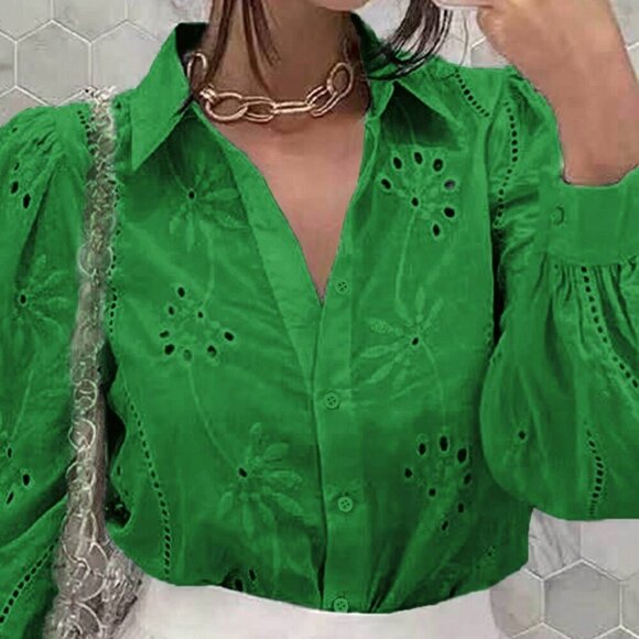 Green Casual Women's Hollow-Out Embroidery Turn-Down Collar Long Sleeve Top - Picture 2 of 5